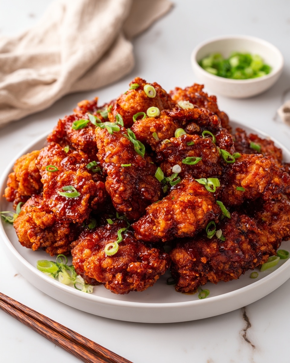 A large white plate filled with many pieces of crispy fried chicken coated in a shiny, sticky, reddish-brown sauce, topped with small cut green onion rings scattered around. Beside the plate, a pair of wooden chopsticks lie on a white marbled surface. In the background, a small white bowl contains more chopped green onions, and a soft beige cloth is partially visible. photo taken with an iphone --ar 4:5 --v 7