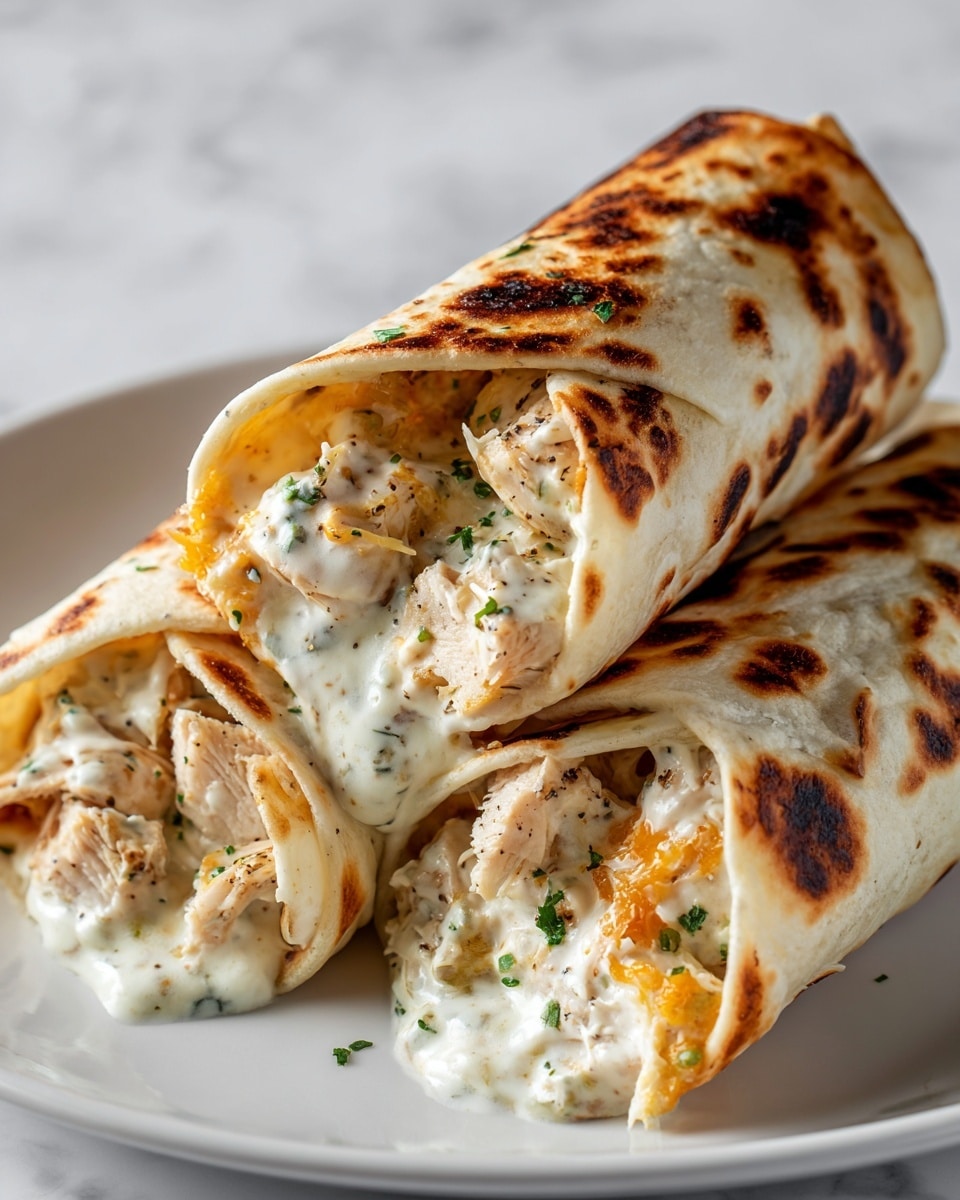 The image shows three rolled tortillas with grilled brown spots on the outside, placed closely together on a white plate. Inside, the tortillas are filled with creamy white sauce speckled with black pepper, mixed with chunks of cooked chicken that are light brown and tender. There are also visible orange melted cheese pieces melted into the sauce, and small green herb bits adding a fresh touch. The filling looks rich and gooey, slightly spilling out from the open ends of the rolls, with the textures of chicken, cheese, and creamy sauce clearly visible. The setting has a white marbled texture background. photo taken with an iphone --ar 4:5 --v 7