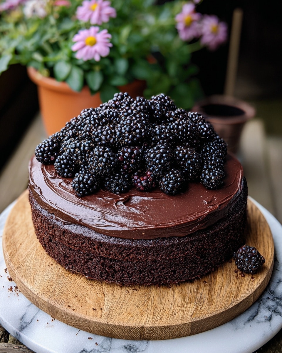 A round cake with two layers is shown, placed on a wooden board. The bottom layer is dark brown and crumbly, while the top layer is smooth and covered with shiny dark chocolate frosting. On top of the cake, there is a pile of shiny blackberries that add texture and a fresh look. The scene includes a blurred background with green leaves and a pot with pink flowers. The whole cake sits on a white marbled surface. photo taken with an iphone --ar 4:5 --v 7