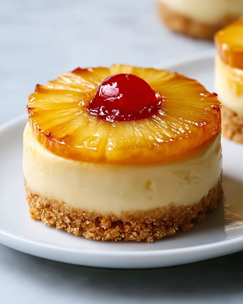 The image shows four small round cheesecakes on a white plate, placed on a white marbled surface. Each cheesecake has three visible layers: the bottom layer is a crumbly light brown crust, the middle layer is a creamy, pale yellow cheesecake filling with a smooth texture, and the top layer features a glossy caramelized pineapple ring with a shiny deep amber glaze in the center. The pineapples are golden-yellow with a soft translucent look. The focus is mainly on the front cheesecake, highlighting the detailed texture and shine of the caramel, while the others blur softly in the background. Photo taken with an iphone --ar 4:5 --v 7