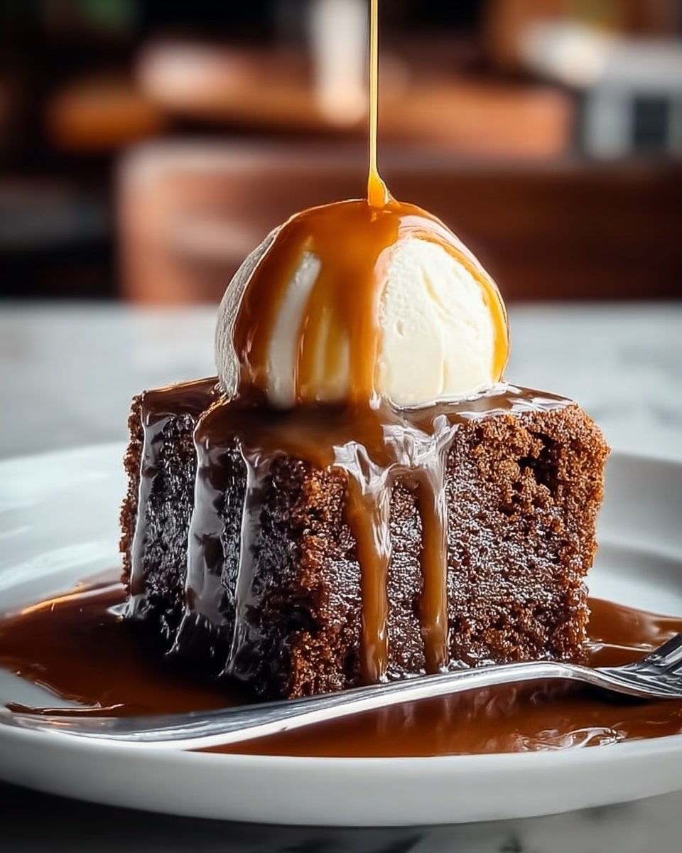 A thick square piece of dark brown moist cake with a rough texture sits centered on a white plate, covered with glossy brown caramel sauce that drips down its sides, pooling on the plate below. On top of the cake is a smooth, round scoop of pale white vanilla ice cream, also drizzled with caramel sauce falling in thick streams. To the left of the cake on the plate, a silver fork is placed under the sauce. The background is softly blurred showing a warm indoor setting with a white marbled surface beneath the plate photo taken with an iphone --ar 4:5 --v 7