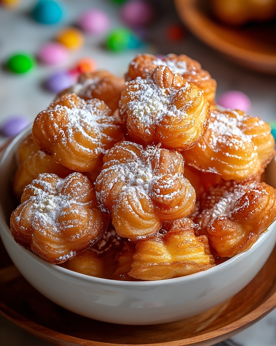 A white bowl filled with two layers of small, golden-brown flower-shaped fried pastries, each dusted with a light layer of white powdered sugar on top, creating a slightly uneven texture. The pastries have a shiny, crispy surface with visible ridges and a soft, fluffy interior peeking through cracks. The bowl rests on a larger, round wooden tray placed on a white marbled textured surface, with colorful candy pieces scattered in the out-of-focus background. The lighting highlights the warm tones and crisp details of the pastries. photo taken with an iphone --ar 4:5 --v 7
