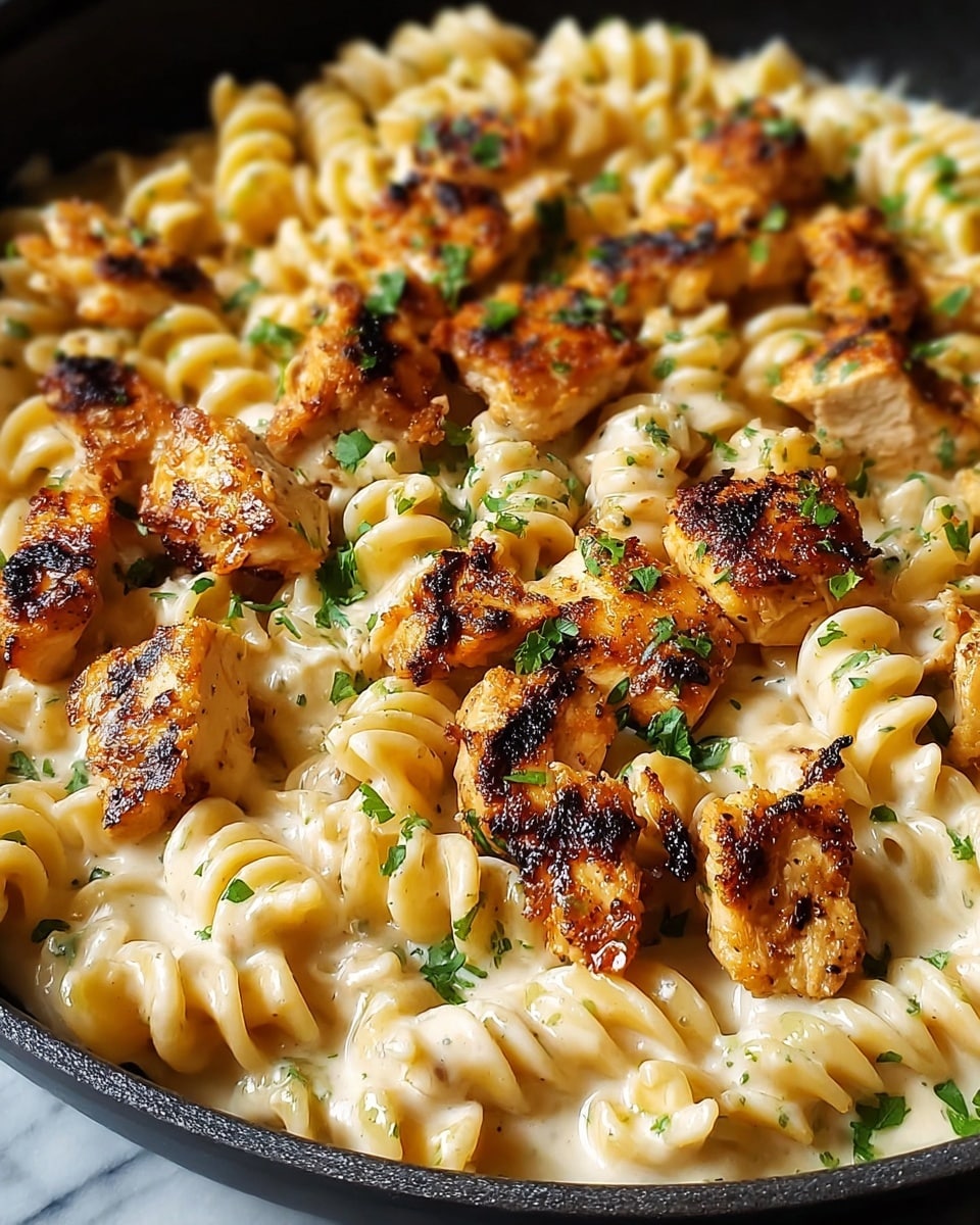The dish shows a close-up of creamy pasta with spiral-shaped rotini pasta coated in a shiny, light creamy sauce as the base layer. On top, there are many pieces of grilled chicken that are golden brown with charred spots and a slightly crispy texture. Small green parsley leaves are scattered over the dish, adding a fresh color contrast to the creamy and golden tones. The dish is inside a black pan set against a white marbled background. photo taken with an iphone --ar 4:5 --v 7
