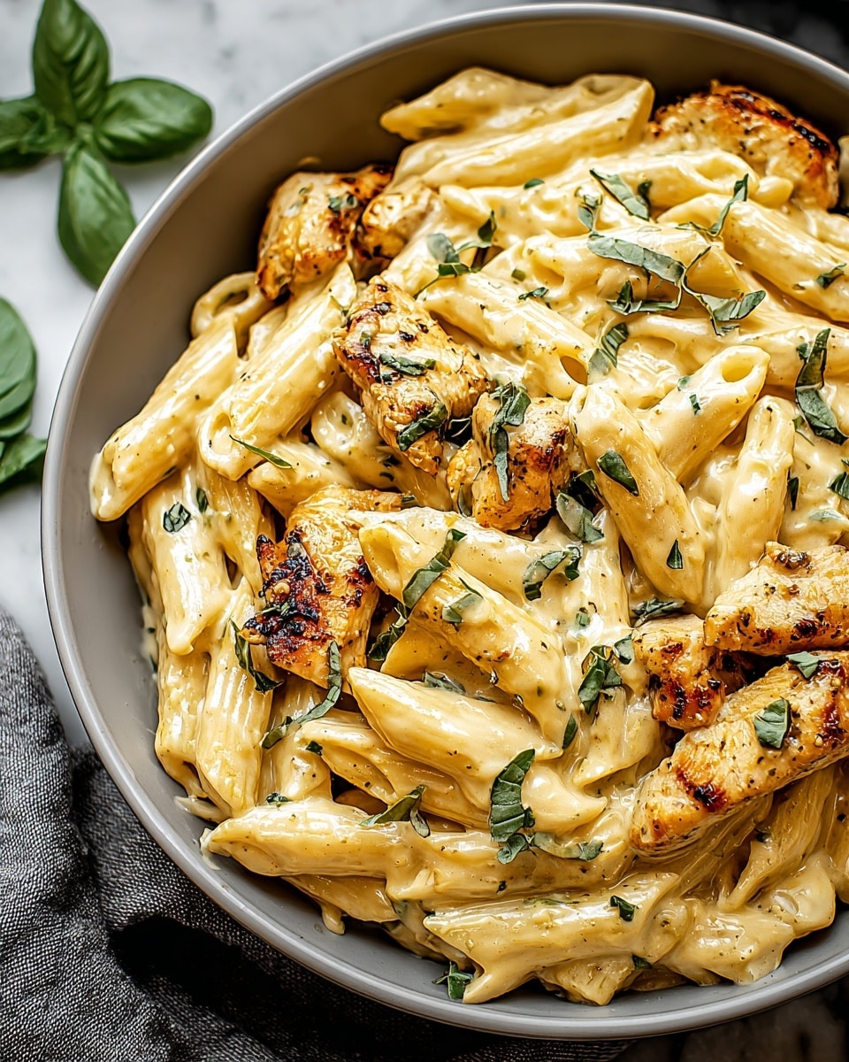 A close-up view of a white round bowl filled with creamy penne pasta and grilled chicken pieces. The penne pasta is coated with a smooth, light yellow cheese sauce, and scattered with chopped green herbs. The grilled chicken pieces are browned on the edges, mixing well with the pasta and sauce. The bowl sits on a white marbled surface, with some green leaves partially shown on the side and a grey cloth napkin nearby. photo taken with an iphone --ar 4:5 --v 7