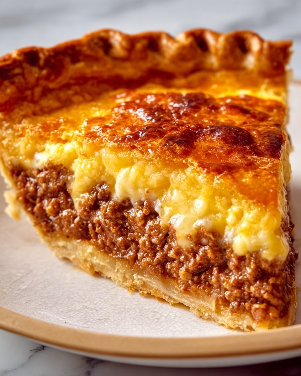A close-up of a slice of savory pie shows three visible layers: a golden brown, flaky crust on the bottom that looks crispy and light, a thick middle layer of finely ground cooked meat with a rich brown color and slightly crumbly texture, and a top layer of melted cheese that is golden yellow with bubbly browned spots and creamy areas where it drips slightly over the meat. The crust edges are slightly raised and crimped. The slice sits on a white plate with a subtle texture, and the background is a white marbled surface. photo taken with an iphone --ar 4:5 --v 7