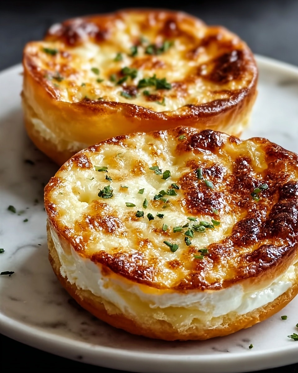 Two round, golden-brown mini cheese pies sit on a white plate, placed on a white marbled surface. Each pie has three visible layers: a bottom crispy crust layer in light brown, a middle white creamy cheese layer that looks soft and fluffy, and a top layer that is melted and browned with patches of golden yellow and darker toasted spots. Small bits of chopped green herbs are sprinkled on top, adding a fresh contrast to the warm tones. The texture of the top layer is slightly bubbly and glossy, showing that it has been baked to a perfect finish. Photo taken with an iphone --ar 4:5 --v 7