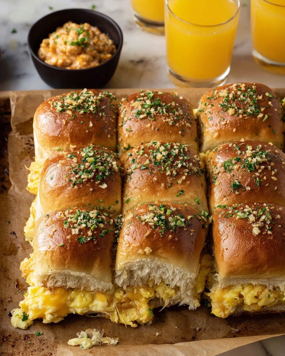 A square of twelve soft golden brown sandwich sliders are closely arranged, each topped with a layer of green herbs and finely chopped garlic that looks buttery and slightly crispy. The small sandwich buns have a shiny texture and are filled with layers of melty yellow cheese and scrambled eggs that peek out from some edges. The sliders sit on a piece of brown parchment paper over a white marbled surface. On the top left corner, there is a small black bowl of chunky orange dip with green herbs mixed in. On the top right, two glasses of bright orange juice add a fresh contrast. Photo taken with an iphone --ar 4:5 --v 7