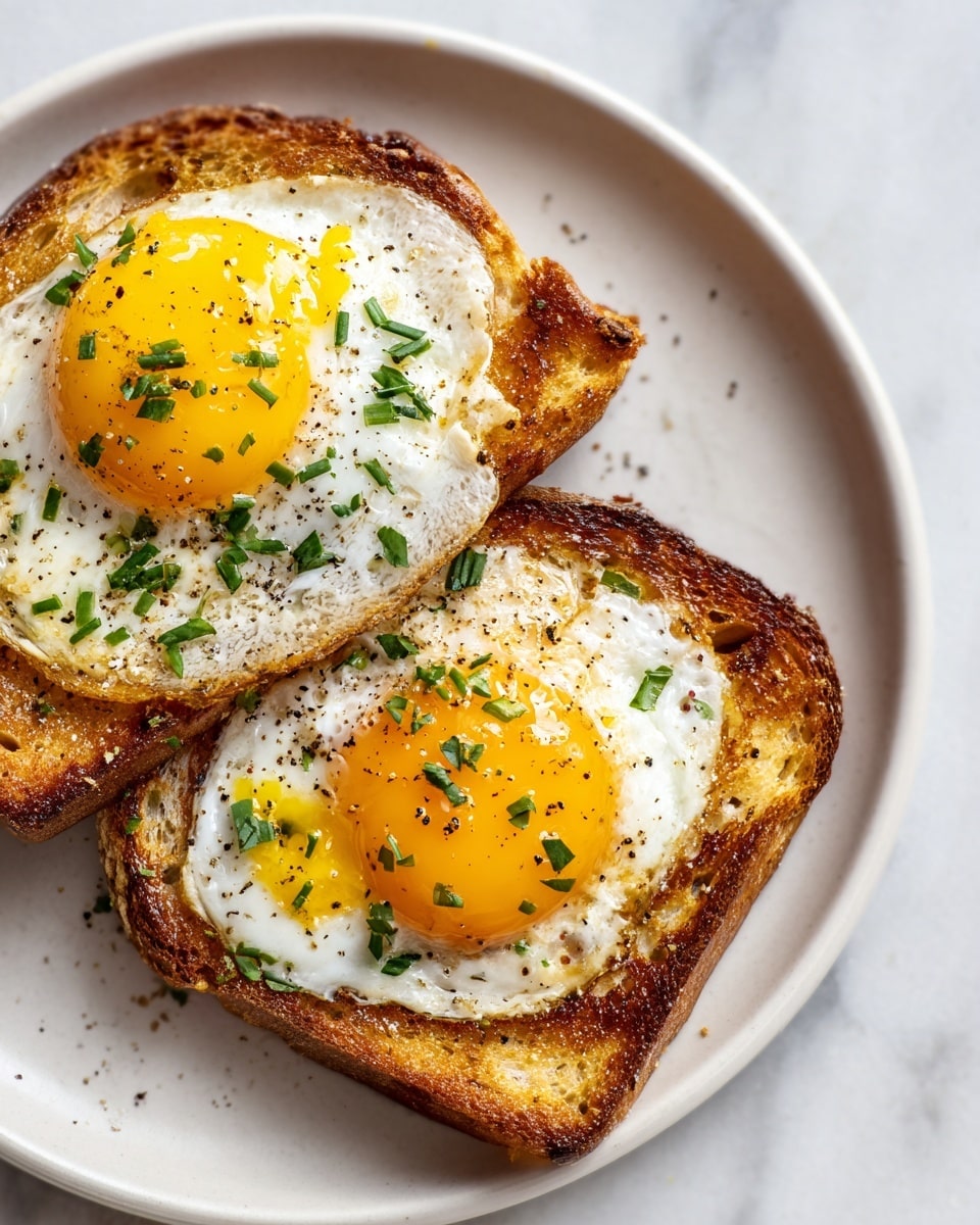 Two slices of toasted bread with a golden brown crust form the bottom layer on a white plate. Each slice is topped with a sunny-side-up egg, showing bright yellow yolks center stage surrounded by cooked white edges with some light browning. Small pieces of green herbs and black pepper are sprinkled over the eggs and toast, adding specks of color and texture. The plate rests on a white marbled surface. photo taken with an iphone --ar 4:5 --v 7