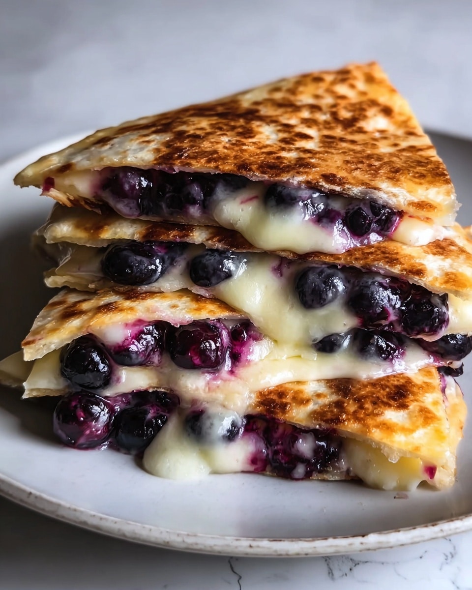 The image shows a stack of three folded quesadilla slices on a white plate set on a white marbled surface. Each quesadilla has a golden-brown toasted outer layer with a slightly crispy texture. Inside, there is melted cheese that looks creamy white and gooey, mixed with whole, dark purple blueberries that burst with juice, some oozing slightly out of the edges. The cheese and blueberries fill the center of each triangular slice, contrasting with the warm, textured bread. The arrangement feels cozy and fresh with the rich colors of golden crust, white cheese, and deep purple berries. photo taken with an iphone --ar 4:5 --v 7