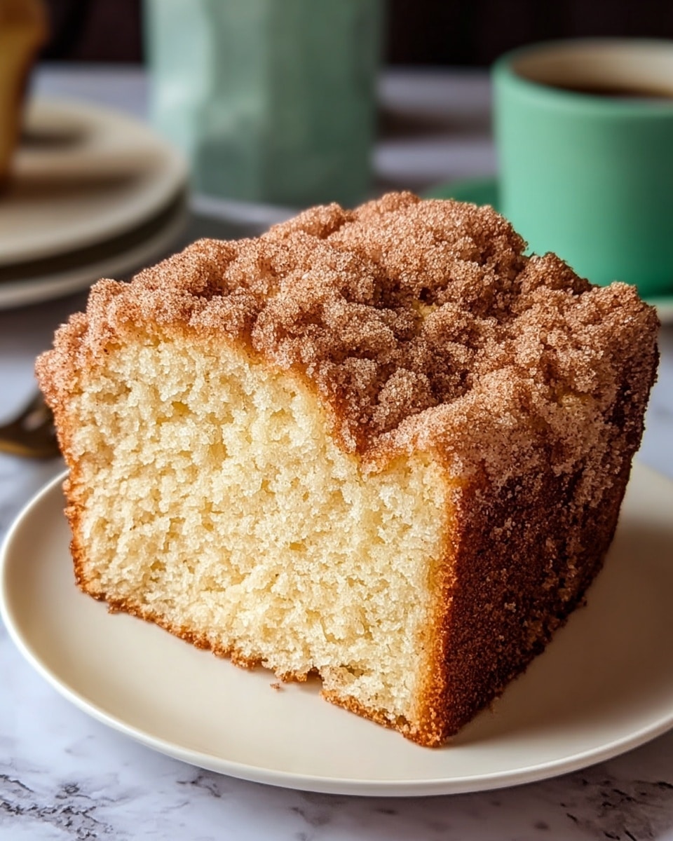 A slice of light yellow cake with a soft, fluffy texture sits on a white plate, showing a moist and airy inside. The top of the cake has a thick, crumbled layer covered with a sparkling mix of brown cinnamon and sugar, adding a textured, crunchy look. The sides of the cake are darker brown and slightly crisp. The plate rests on a white marbled surface with a blurred green cup and other tableware in the background. photo taken with an iphone --ar 4:5 --v 7