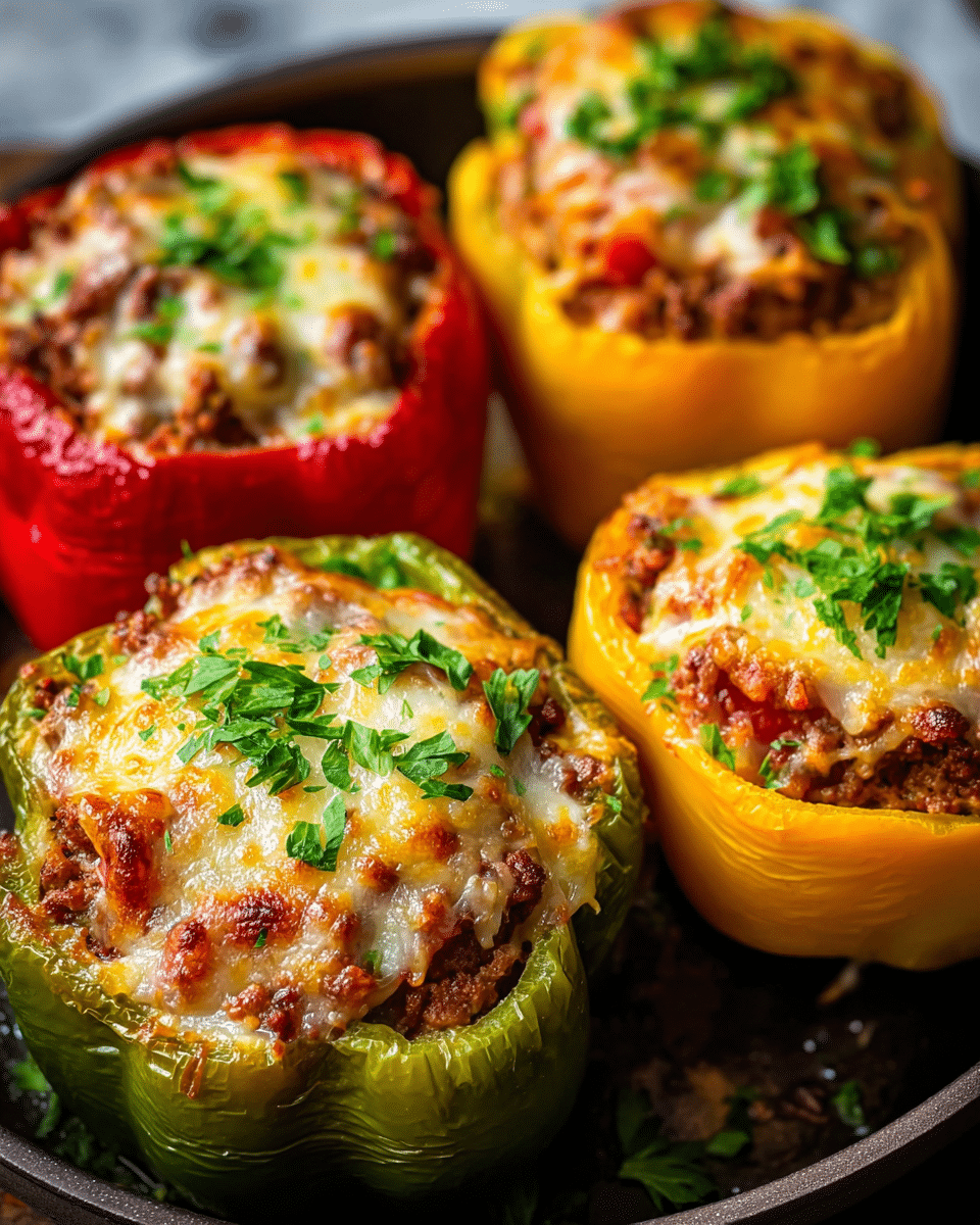 The image shows five stuffed bell peppers placed closely together on a dark pan over a white marbled texture. Each pepper is hollowed and filled with a mix of browned ground meat and finely chopped tomatoes, covered by a layer of bubbly, melted cheese that is golden and slightly browned on top. The peppers include red, yellow, and green varieties, with wrinkled, cooked skins. Fresh green chopped parsley is sprinkled on top of the cheese as garnish, adding a fresh contrast to the warm colors. The light reflects off the melted cheese, showing a mix of textures from gooey to crispy edges. photo taken with an iphone --ar 4:5 --v 7