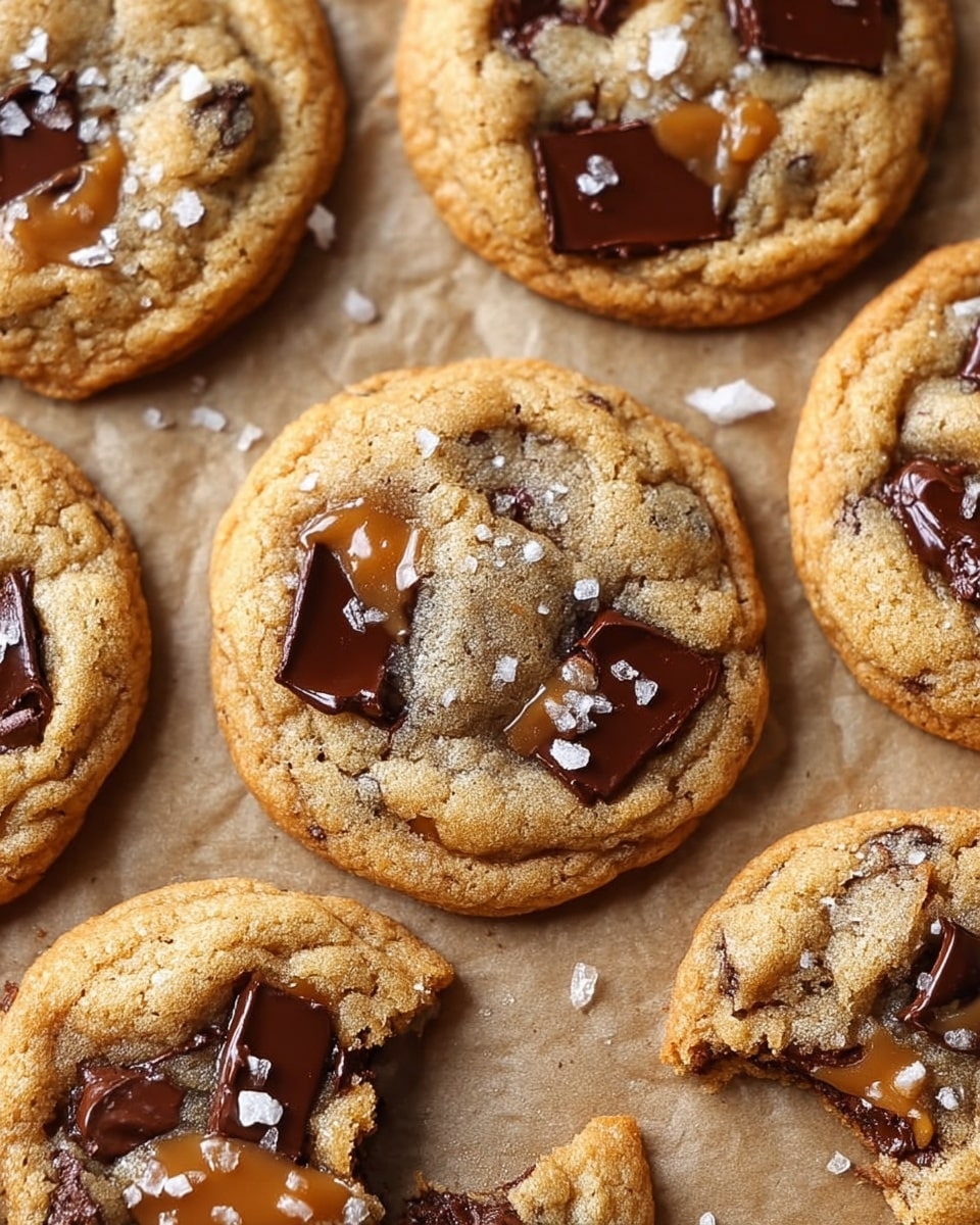 The image shows several soft chocolate chip cookies with a light golden-brown color, each topped with melted caramel patches and scattered flakes of white sea salt. The cookies have a slightly crinkled texture on top and visible dark chocolate chunks both embedded and partially melted. They are placed directly on parchment paper. One cookie in the corner is partially broken, showing a chewy inside with gooey chocolate and caramel. The whole scene has a warm, inviting look. Photo taken with an iphone --ar 4:5 --v 7