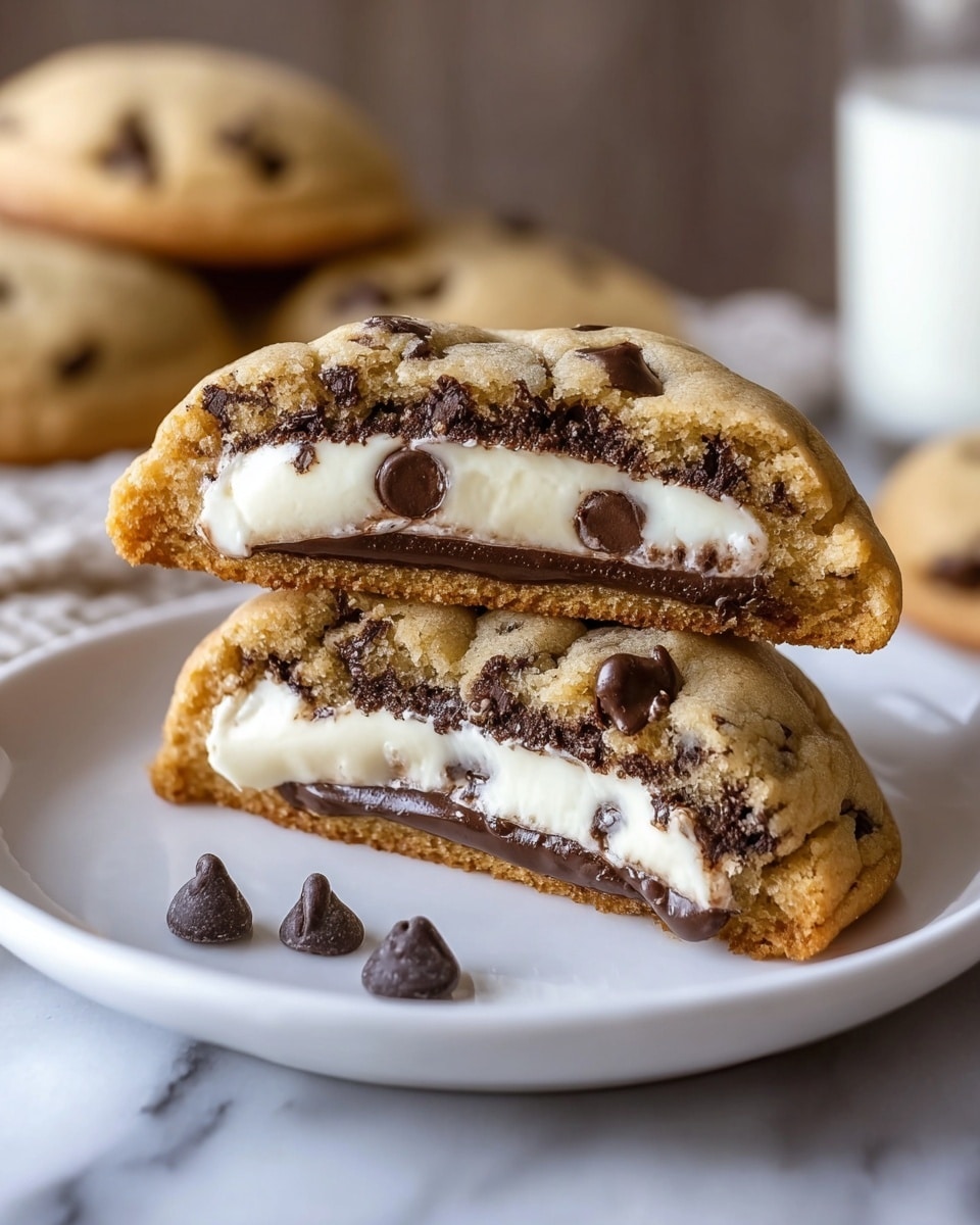 A close-up image of a chocolate chip cookie stuffed with two visible layers inside, placed on a white plate on a white marbled surface. The cookie is golden brown with dark chocolate chips visible on the surface. The bottom layer inside the cookie is a thick, gooey dark chocolate, while the top layer is a thick, creamy white filling with a chocolate chip embedded in it. The cookie is cut into halves, showing the rich inner layers clearly. Two dark chocolate chips are placed on the plate near the front of the cookie. In the blurred background, there are more whole cookies and a glass of milk. photo taken with an iphone --ar 4:5 --v 7