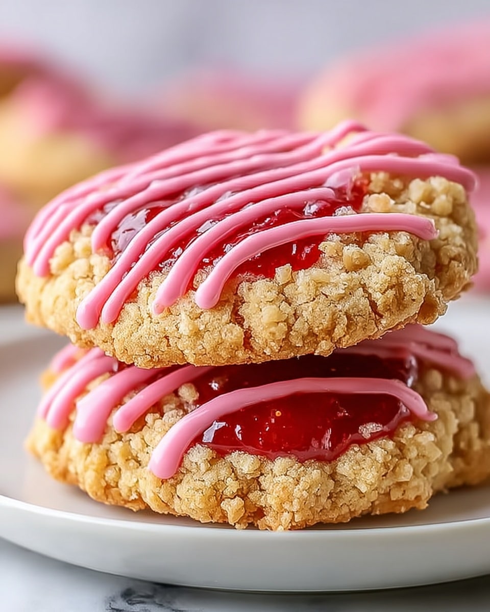 Several round cookies sit on a white plate over a white marbled surface. Each cookie has a crumbly golden base layer, topped with a glossy red jam filling in the center. The jam is decorated with light brown crumb pieces scattered on top. Over the jam and crumbs, there are smooth pink icing lines drizzled diagonally, adding a bright and colorful finish to each cookie. Photo taken with an iphone --ar 4:5 --v 7