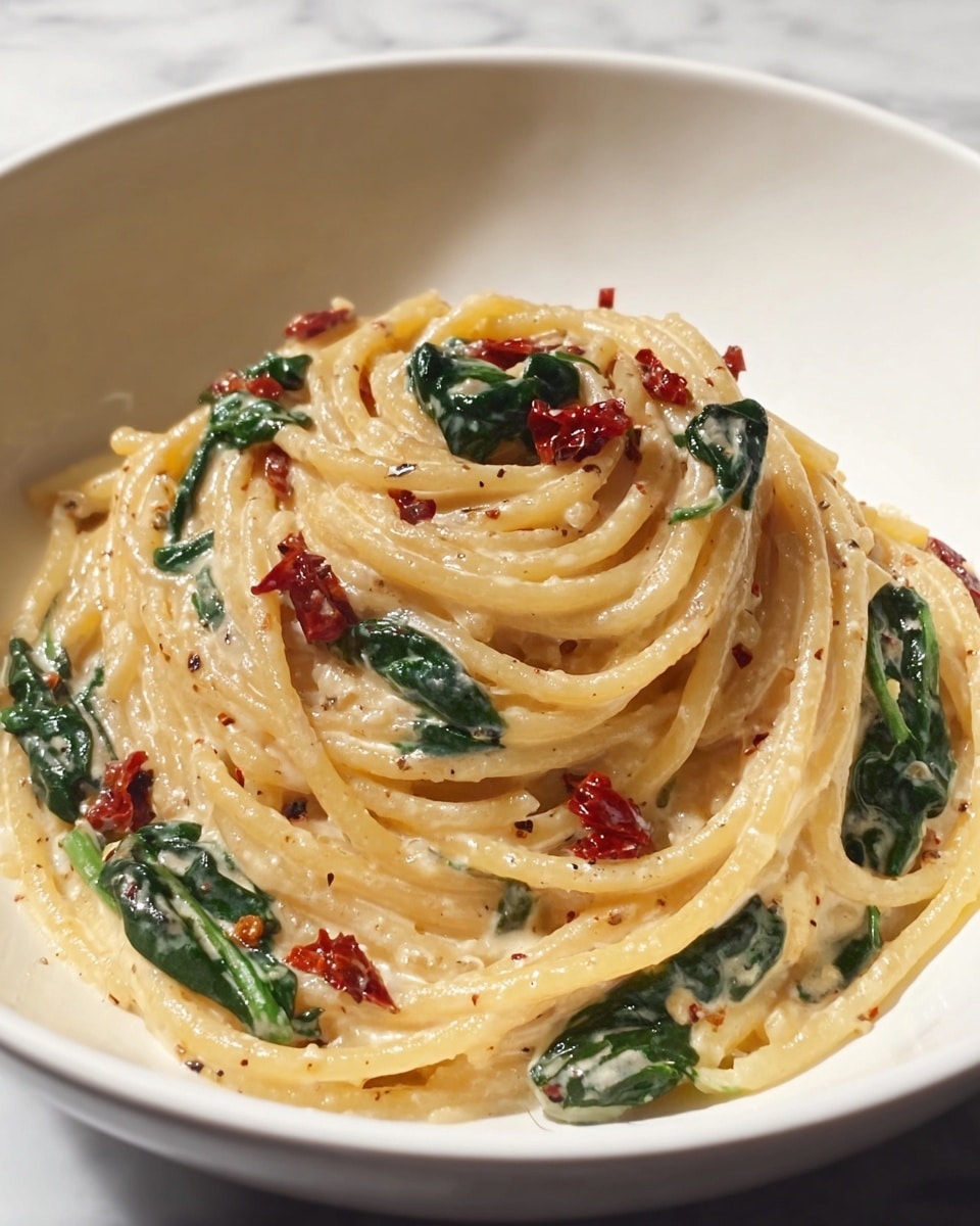 A white bowl filled with creamy spaghetti, twisted into a neat mound. The pasta is coated in a smooth, pale yellow sauce with visible flecks of black pepper. Mixed throughout are dark green spinach leaves and small, bright red sun-dried tomato pieces. The sauce looks rich and glossy, gently clinging to the strands of pasta. The bowl sits on a background with a white marbled texture. photo taken with an iphone --ar 4:5 --v 7