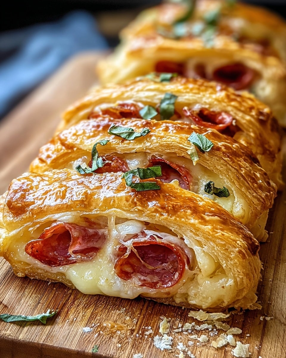 The image shows a close-up of a folded pastry with three visible layers of golden brown, flaky crust on top, each with a shiny, crispy texture. Inside each fold, there is a visible layer of melted creamy cheese mixed with slices of reddish pepperoni, some slices appearing slightly curled. Small green herb leaves are scattered on top of the pastry, adding a fresh contrast to the warm colors. The pastry rests on a wooden board with a few crumbs scattered around. photo taken with an iphone --ar 4:5 --v 7