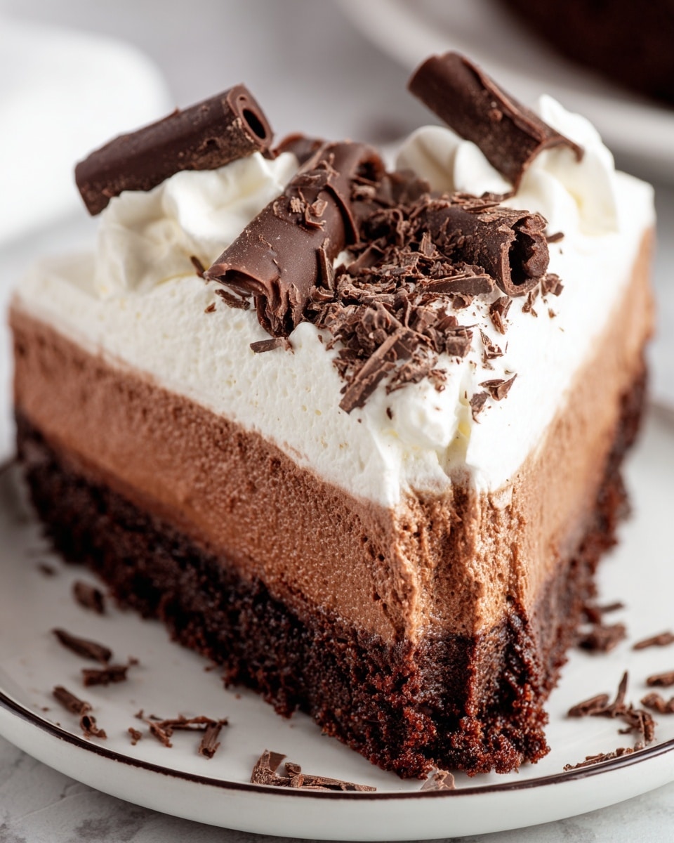 A close-up of a three-layer chocolate mousse cake slice on a white plate with a thin dark rim, placed on a white marbled surface. The bottom layer is a dense, dark brown crust with a slightly crumbly texture. The middle layer is a thick, smooth light brown chocolate mousse with a creamy texture. The top layer is a fluffy, white whipped cream layer. The slice is topped with several large, dark chocolate curls and small chocolate shavings scattered across the whipped cream and plate. Photo taken with an iphone --ar 4:5 --v 7
