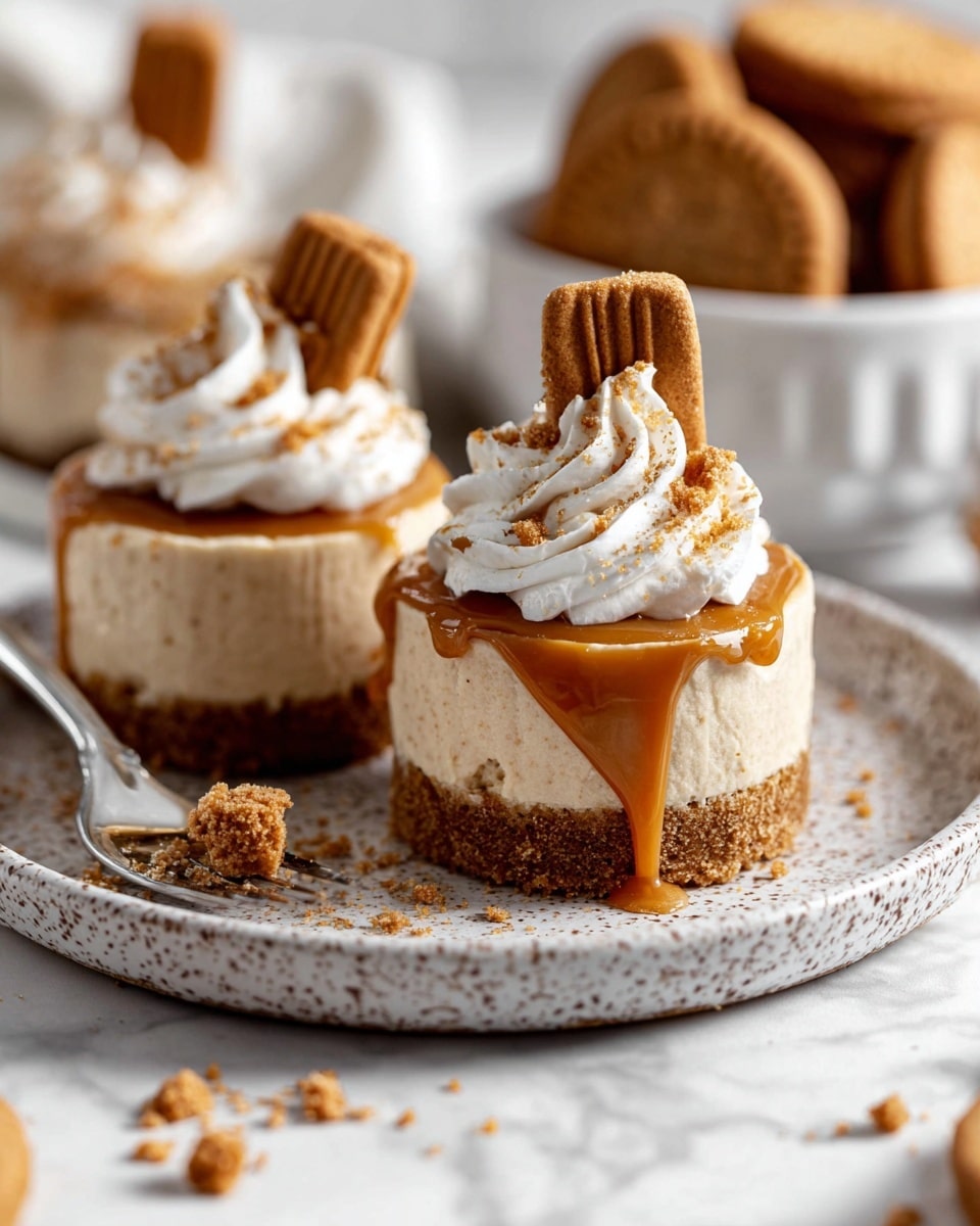 Two small, round layered desserts sit on a speckled white plate on a white marbled surface. Each dessert has a crumbly brown base, a thick beige creamy middle layer, and a smooth caramel-like layer on top that drips slightly down the sides. On top of that is a swirl of white whipped cream sprinkled with small brown crumbs. One dessert is decorated with a whole rectangular brown cookie standing upright in the whipped cream, while the other dessert has smaller crumb pieces on top. Crumbs are scattered around the plate and surface, and a silver fork is placed behind the desserts. In the blurred background, there is a white bowl filled with more brown cookies. photo taken with an iphone --ar 4:5 --v 7