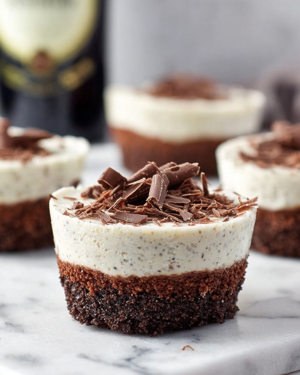 This image shows a close-up of a dessert cup made of two layers. The bottom layer is dark brown, crumbly, and looks like chocolate cookie crust. The top layer is thick, creamy, and white with small brown specks mixed in. On top of this creamy layer, there are thin curls of milk chocolate scattered. Multiple dessert cups are visible, but the closest one is the most focused. The background has a blurred bottle with dark colors, and the whole scene is set on a white marbled surface. photo taken with an iphone --ar 4:5 --v 7