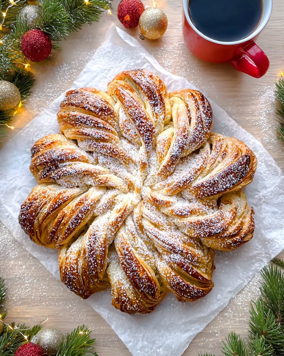 A golden brown twisted pastry shaped like a star with eight thick, layered, and braided segments radiating from the center, each segment showing flaky, crisp layers with a shiny, caramelized surface dusted with powdered sugar. The pastry rests on white baking paper placed on a light wooden surface, decorated with green pine branches, red and gold Christmas ornaments, and a red cup of black coffee. A light dusting of powdered sugar scattered around adds to the festive feel. Photo taken with an iphone --ar 4:5 --v 7