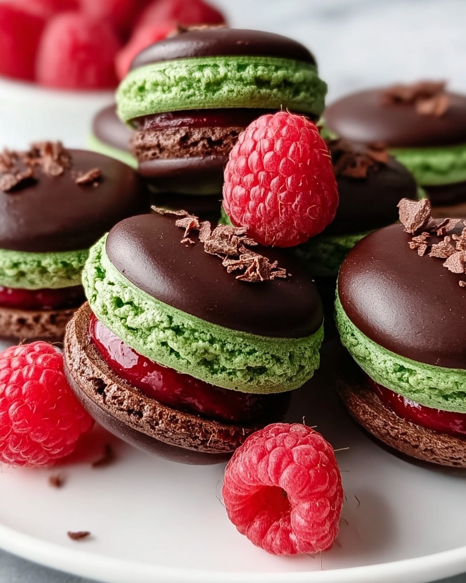 The image shows several chocolate macarons on a white plate with a white marbled background. Each macaron has three layers: a smooth, shiny dark chocolate top shell, a bright green middle layer with a slightly rough texture, and a glossy red filling in the center. Some tiny chocolate flakes are sprinkled on the top shells. Fresh, plump red raspberries are placed around the macarons, adding a fresh contrast in color and texture. The overall look is rich, colorful, and inviting. photo taken with an iphone --ar 4:5 --v 7