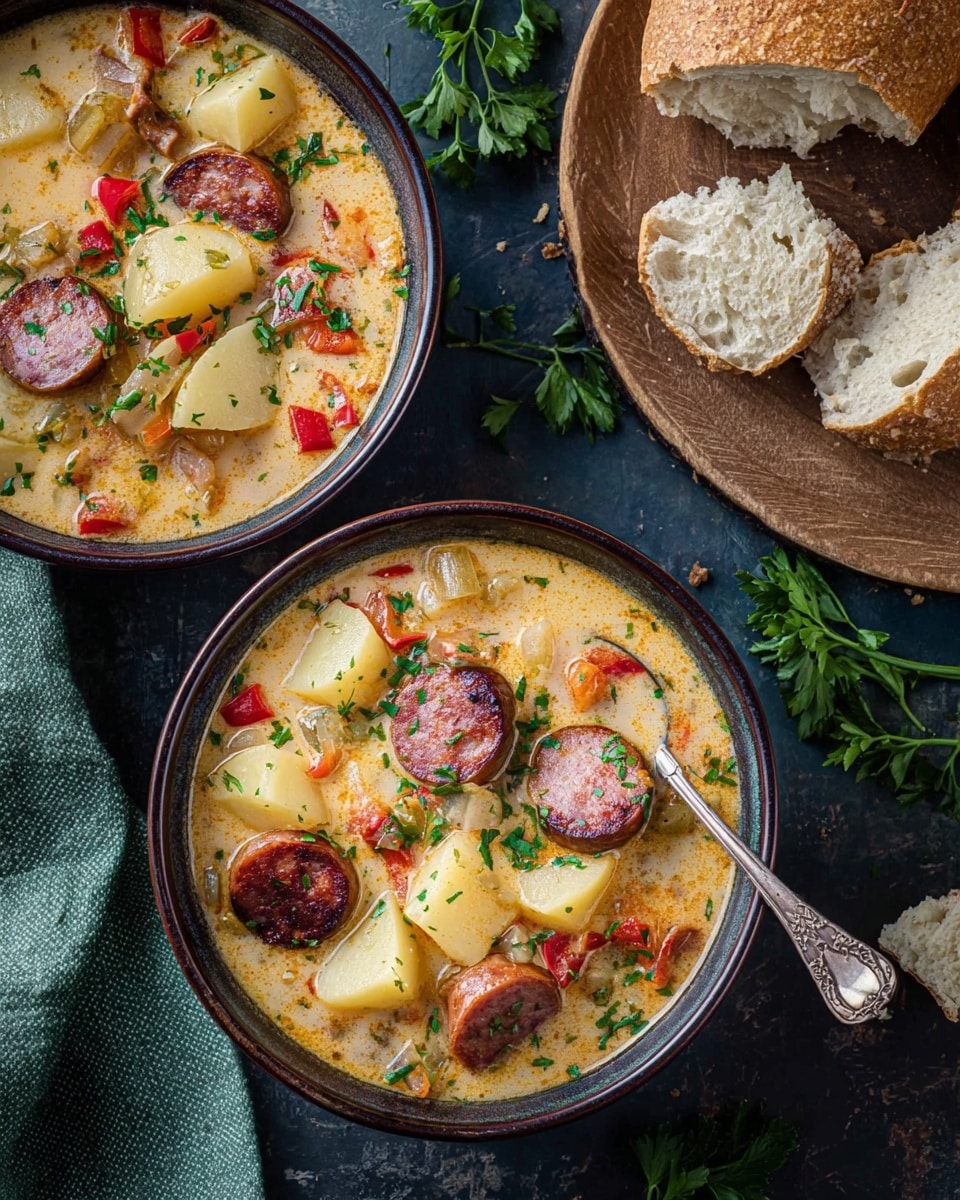 The image shows two bowls filled with creamy soup containing thick slices of browned sausage, large pale yellow potato chunks, small diced red peppers, and bits of onion. The soup base is light orange with visible oil spots, giving it a rich, textured look. The bowls are dark-colored and rest on a dark surface overlaid with a white marbled texture, and fresh green parsley is scattered around for garnish. To the right, a round loaf of bread sits partially sliced on a wooden board next to a torn piece of bread on the table. A spoon rests inside the closer bowl, and the scene is cozy and inviting. Photo taken with an iphone --ar 4:5 --v 7