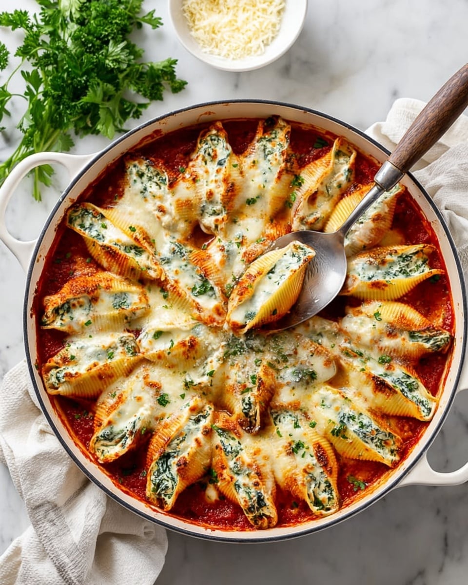 A round white pan filled with stuffed pasta shells arranged in a circle on top of a bright red tomato sauce base that covers the bottom of the pan. Each shell is stuffed with a white creamy cheese mixture with green spinach visible inside, topped with melted, slightly golden mozzarella cheese. The shells have a soft, slightly browned texture on top, and some herbs sprinkled over the cheese. A silver serving spoon with a wooden handle is lifting a shell from the pan, which rests on a white marbled surface, with a white cloth next to the pan, some fresh green parsley, and a small white bowl with grated cheese in the background. Photo taken with an iphone --ar 4:5 --v 7