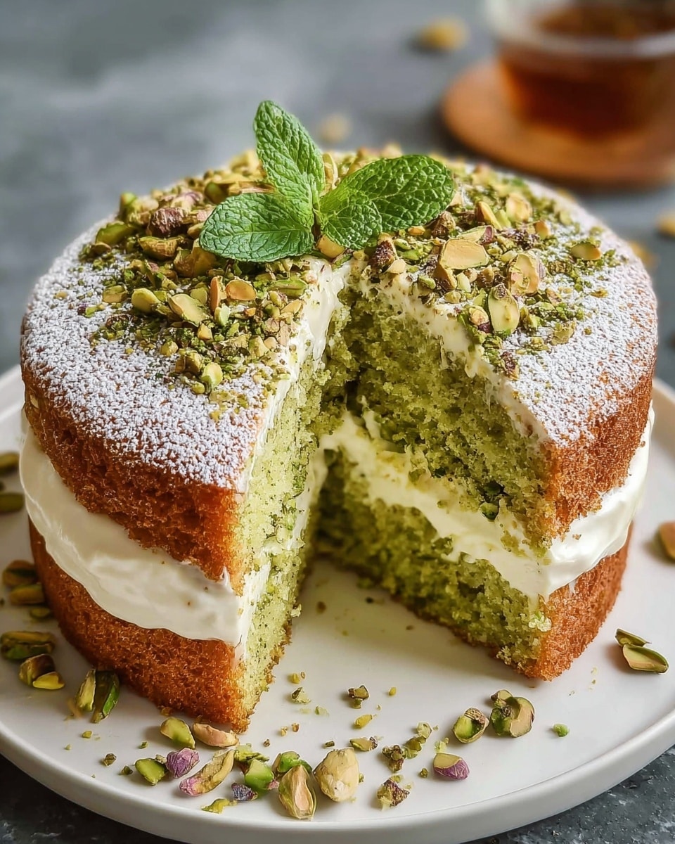 A two-layer pistachio cake with a light green sponge texture topped with a thick layer of white creamy frosting in the middle, and the top layer dusted lightly with powdered sugar. The cake is garnished with chopped pistachio nuts and a sprig of fresh mint in the center. A slice is cut out revealing the soft crumb inside. The cake sits on a white plate placed on a white marbled surface, with some pistachio nut pieces scattered around the base. photo taken with an iphone --ar 4:5 --v 7