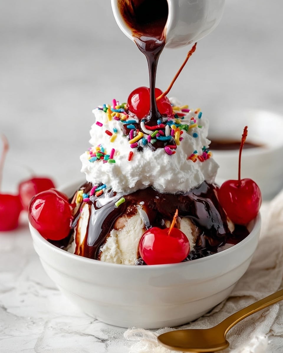 A white bowl filled with two layers of creamy vanilla ice cream at the bottom, topped with rich dark chocolate sauce that drips over the edges, covered with three bright red cherries around the ice cream, and a large dollop of white whipped cream on top. The whipped cream is decorated with colorful rainbow sprinkles, and a fourth cherry sits on top of the whipped cream as chocolate syrup is being poured over it. The bowl is placed on a white marbled texture surface with a gold spoon beside it. photo taken with an iphone --ar 4:5 --v 7