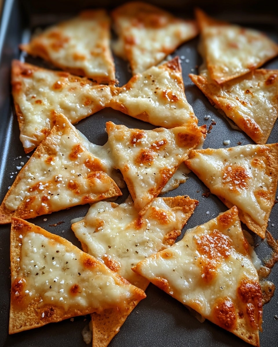 The image shows several triangular baked chips arranged neatly on a dark baking tray. Each chip has three layers: the base is thin, golden-brown crispy baked tortilla; the middle layer is melted, bubbly, and slightly browned white cheese covering the tortilla evenly; and the top layer has small sprinkles of white salt and some black pepper, adding texture and contrast. The cheese bubbles give a shiny, inviting look to the chips, making them appear hot and fresh. The white marbled texture surface is visible around the tray edges. photo taken with an iphone --ar 4:5 --v 7