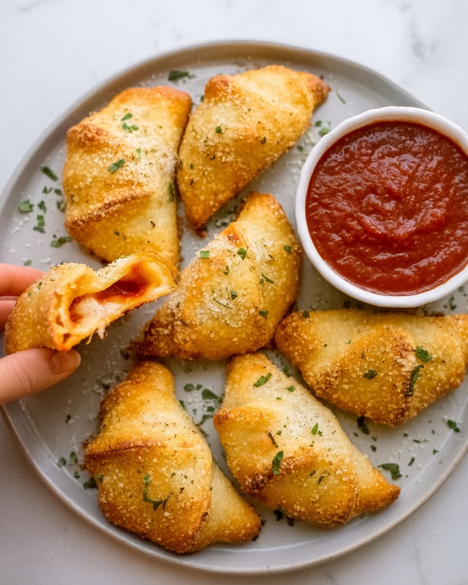 The image shows seven golden-brown croissant-shaped pastries on a baking tray placed on a white marbled surface, each pastry with a flaky, crispy outer layer. Some of the pastries are slightly open at one end, revealing a red filling inside, likely tomato-based, and sprinkled with black and green dried herbs on top. The croissants are arranged casually with small crumbs scattered around them. In the top right corner, there is a small white bowl filled with red dipping sauce. The texture of the pastries looks soft and layered inside, with a shiny, baked exterior. photo taken with an iphone --ar 4:5 --v 7