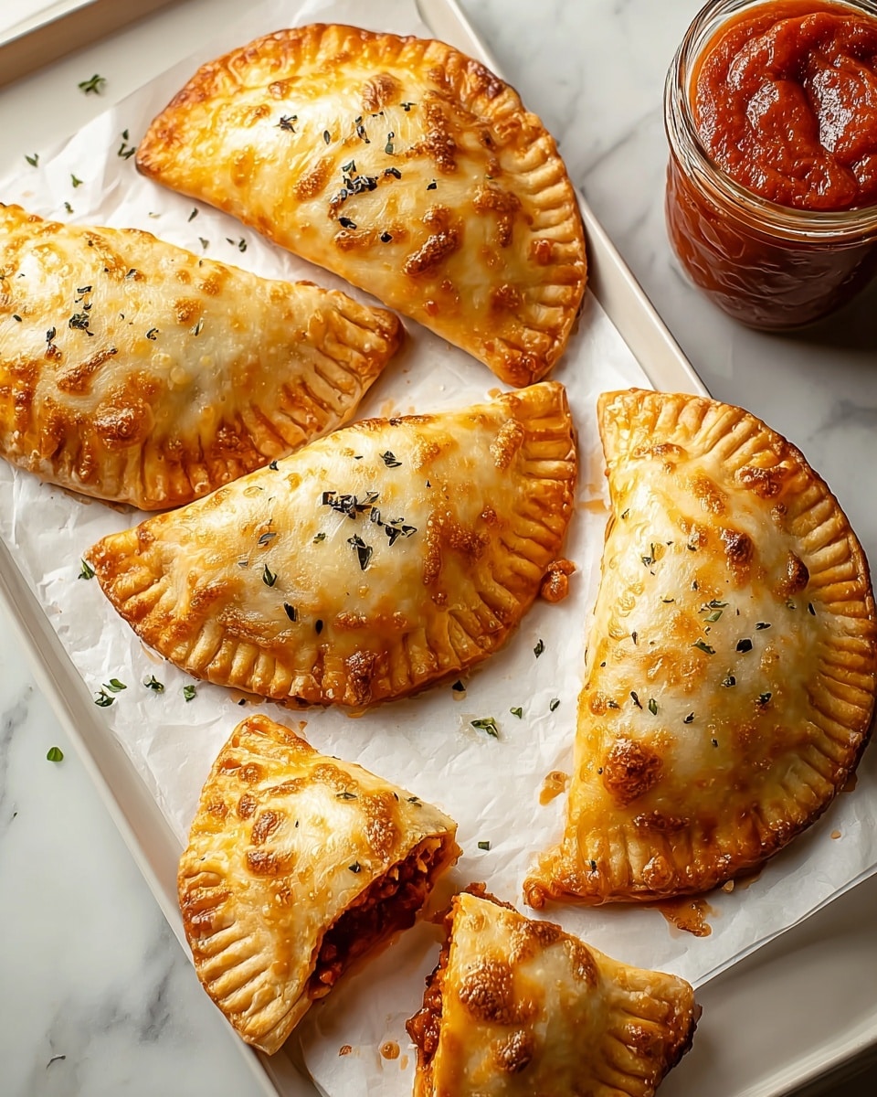 Four golden-brown baked empanadas with a slightly bubbled cheese topping and small black herb sprinkles rest on a white plate lined with parchment paper, each empanada showing a crimped edge pattern and a smooth, toasted surface; to the side, a white bowl filled with rich red tomato sauce with visible seasoning adds a contrasting color, all set on a white marbled texture background. photo taken with an iphone --ar 4:5 --v 7