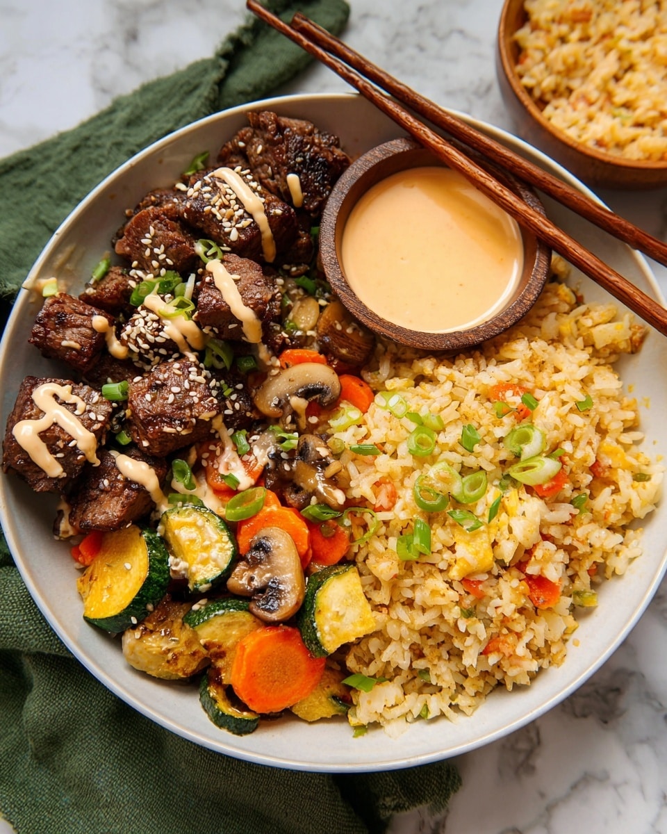 A white bowl holds a colorful meal with three main sections: on the left, dark brown grilled beef cubes drizzled with a light creamy sauce and sprinkled with sesame seeds and green onion pieces; below the beef, a mix of cooked vegetables including orange carrot slices, green zucchini chunks, and brown mushroom slices, also drizzled with the light sauce; on the right, a heap of golden fried rice with small bits of carrot and green onion scattered throughout. A small round wooden bowl of creamy light orange sauce sits on the edge of the rice. Resting across the top of the bowl are a pair of wooden chopsticks. The bowl is set on a green cloth and a white marbled surface. Photo taken with an iphone --ar 4:5 --v 7