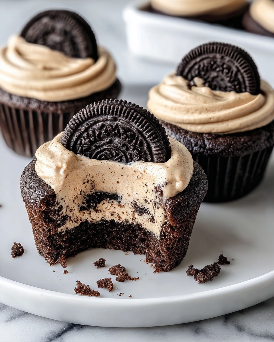 The image shows three chocolate cupcakes on a white plate set on a white marbled surface. Each cupcake has a dark brown, cracked chocolate base forming the first layer. The second layer is a creamy, light brown frosting with a smooth texture that fills the top center of the cupcake. Sitting on top of the frosting is a whole black and dark brown cookie, forming the final layer. One cupcake is bitten into from the front, showing the creamy frosting with specks of cookie crumbs inside and the dense chocolate base underneath. Small crumbs are scattered around the plate near the bitten cupcake. Photo taken with an iphone --ar 4:5 --v 7