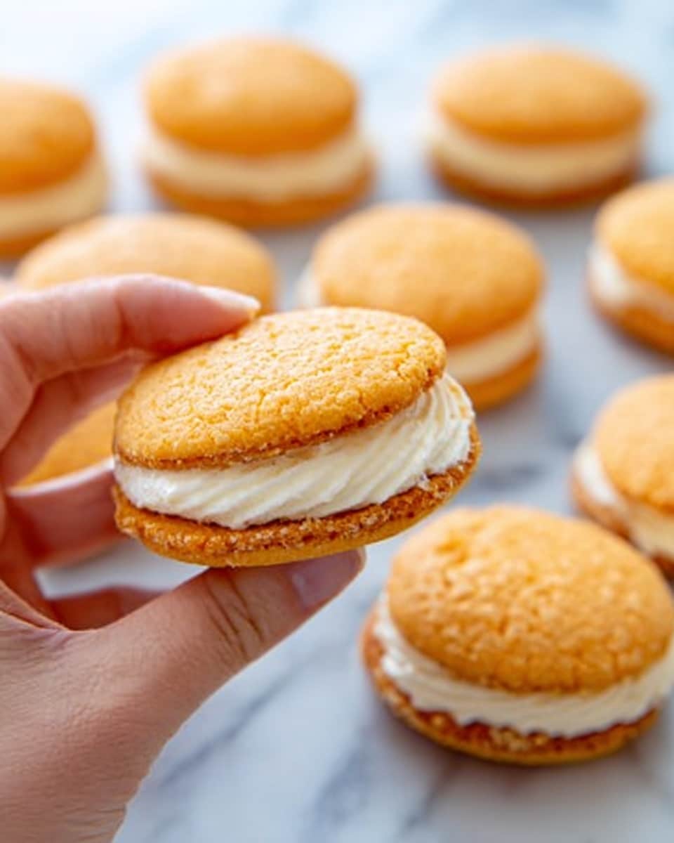 The image shows three colorful macarons stacked on a white plate on a white marbled surface. Each macaron has two smooth round cookies with a thick, creamy white filling in the middle. The top macaron is light pink with a soft, slightly rough texture on the cookie surface. Below it is a bright orange macaron with the same creamy filling, and behind these is a blue macaron, also with a white filling. The macarons have a light, airy look and soft edges. Photo taken with an iphone --ar 4:5 --v 7