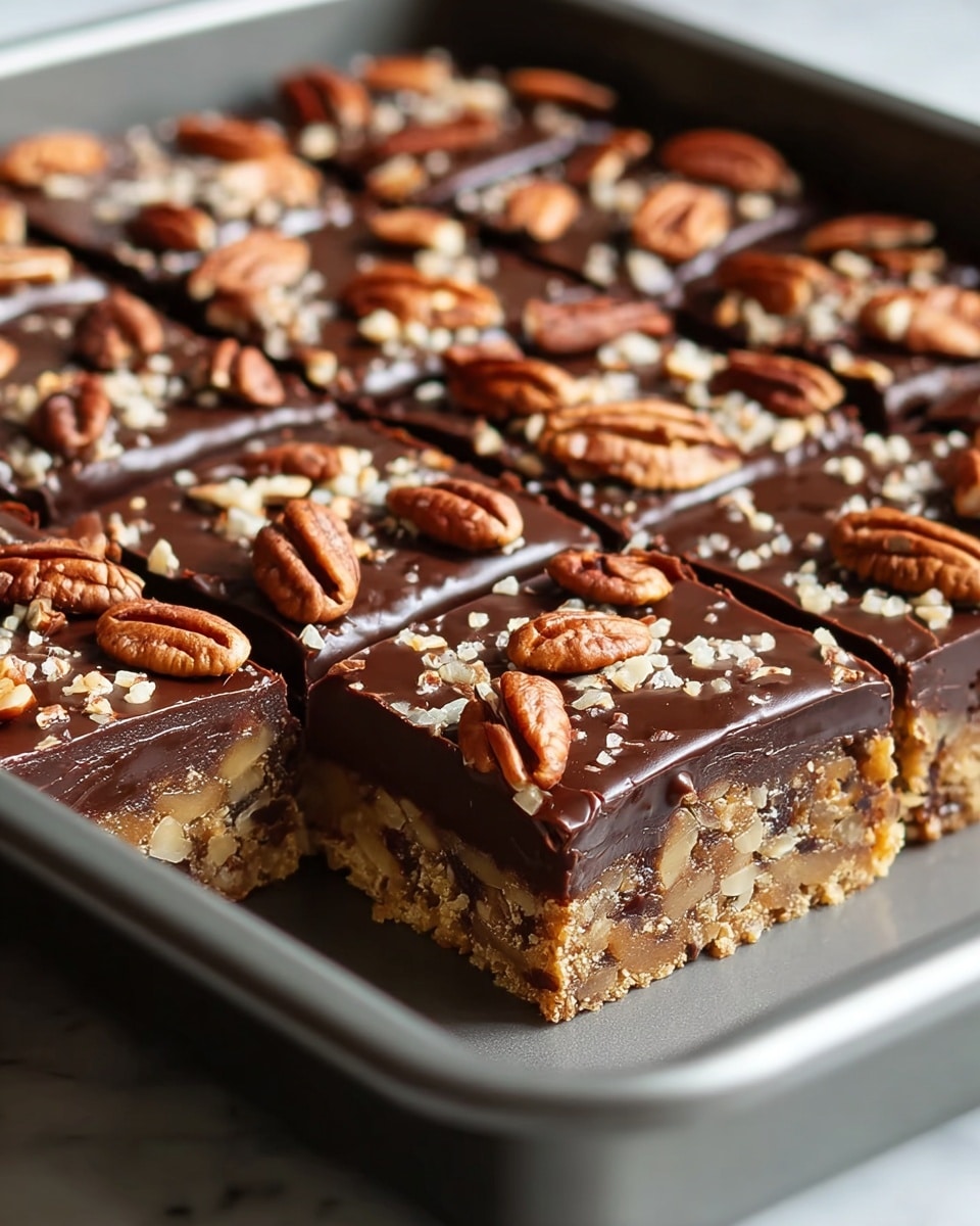 A close-up view of a square baking pan filled with a dessert cut into multiple square pieces, each piece showing three distinct layers: the bottom layer is light brown and crumbly with visible bits of nuts and chocolate chips, the middle layer is thick and smooth dark chocolate, and the top layer is decorated with whole pecan halves and small chopped nuts, giving a textured finish. The chocolate layer is glossy and shiny, contrasting with the rough nutty base below. The pan sits on a white marbled surface. photo taken with an iphone --ar 4:5 --v 7