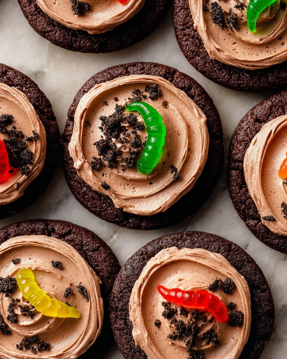 The image shows several dark brown chocolate cookies each topped with a thick layer of creamy, smooth milk chocolate frosting that is swirled in a circular motion. On top of the frosting, there are small black cookie crumbs scattered evenly. Each cookie is decorated with one colorful gummy worm, bent in a curve and placed near the center; the gummy worms have bright colors such as green and red or orange and yellow. The cookies are arranged closely together on a white marbled surface. photo taken with an iphone --ar 4:5 --v 7