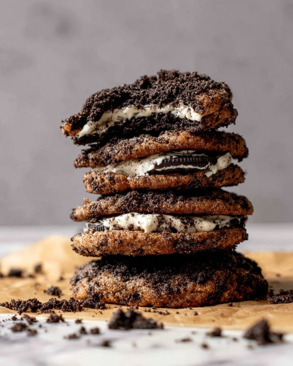 A stack of four thick cookies filled with chunks of dark chocolate sandwich cookies with white cream layers, each cookie showing a rough texture with crumbly edges coated in bits of cookie crumbs, dark brown to black in color with creamy white filling visible inside. The cookies are placed on parchment paper with scattered cookie crumbs around, and the background is a soft gray with a white marbled surface at the bottom. Photo taken with an iphone --ar 4:5 --v 7