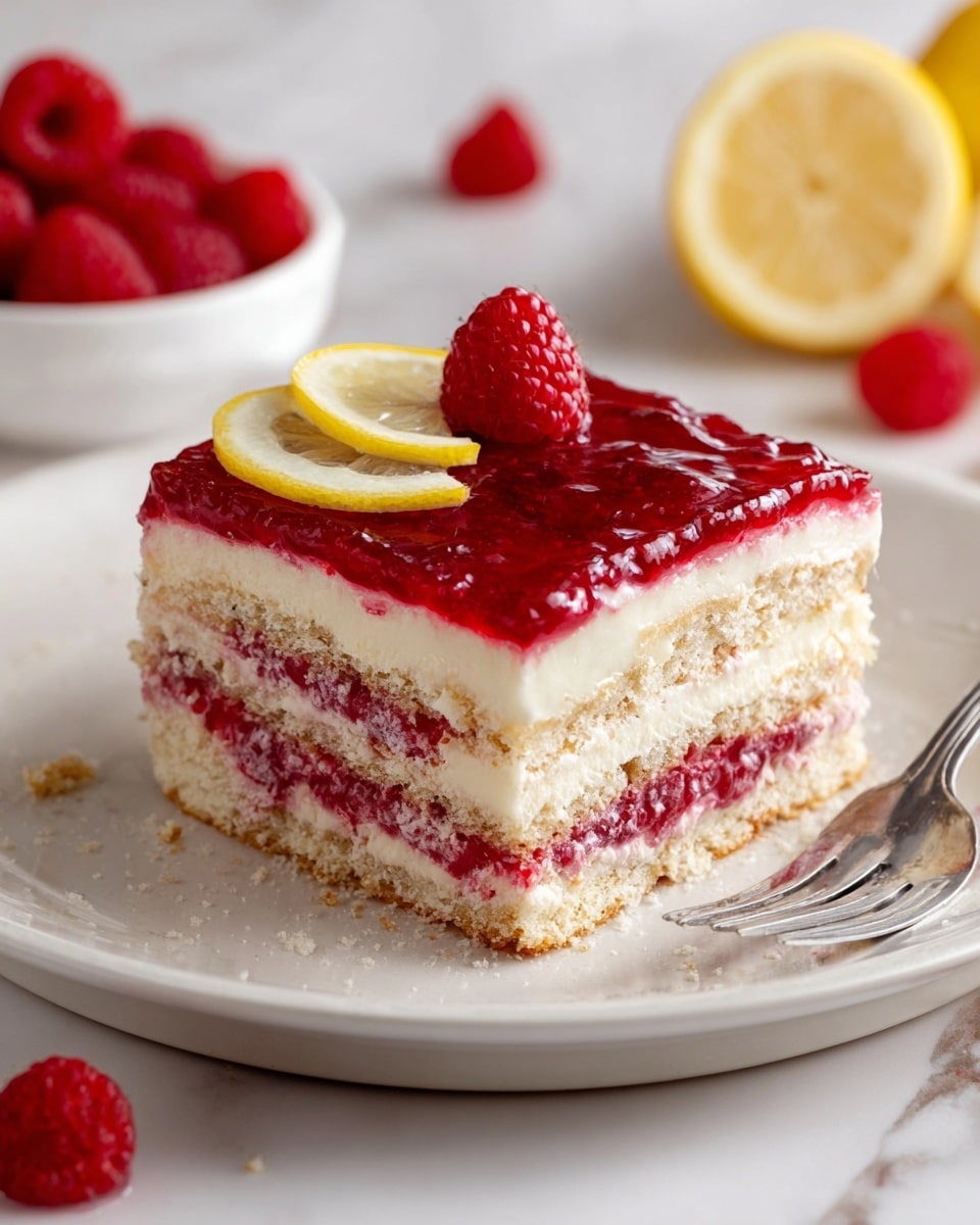 A square slice of layered raspberry dessert sits on a white plate with a white marbled surface underneath. The dessert has four visible layers: the bottom cake layer is light beige and slightly crumbly, topped by a creamy white layer, followed by a bright red raspberry filling with visible fruit pieces, then another light beige cake layer stacked with a creamy white layer, and finally a thick, glossy raspberry jam layer on top. A fresh raspberry and a thin lemon slice rest on the top left corner of the dessert. In the background, a small white bowl with fresh raspberries, a fork, and scattered raspberries and lemon slices can be seen. Photo taken with an iphone --ar 4:5 --v 7