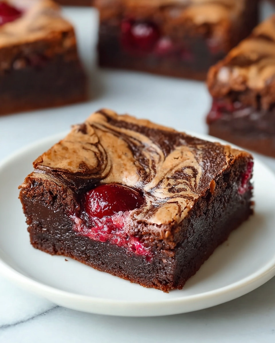 Three square chocolate brownies sit on a white plate over a white marbled texture surface, each brownie featuring a textured, cracked top layer of rich brown with swirls of deep red raspberry sauce woven into the chocolate. The brownies appear thick and moist with a dense, fudgy inside, while scattered crumbs rest around the plate edges. In the blurred background, part of a white cup and a glass jar filled with red jam add to the scene. The natural lighting highlights the textures and glossy shine of the raspberry sauce on top. photo taken with an iphone --ar 4:5 --v 7