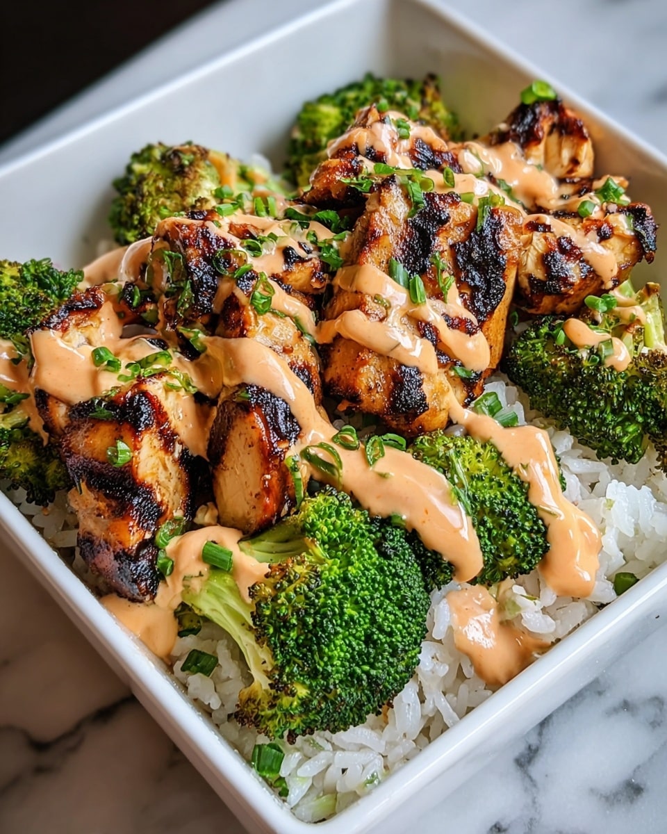 The dish shows a white square bowl filled with three layers: the bottom layer is white cooked rice, the middle layer has bright green broccoli florets with slight char marks, and the top layer consists of grilled chicken pieces with dark grill marks. A creamy light orange sauce is drizzled over the chicken and broccoli, and small green herb bits are sprinkled on top for garnish. The bowl sits on a white marbled surface. photo taken with an iphone --ar 4:5 --v 7