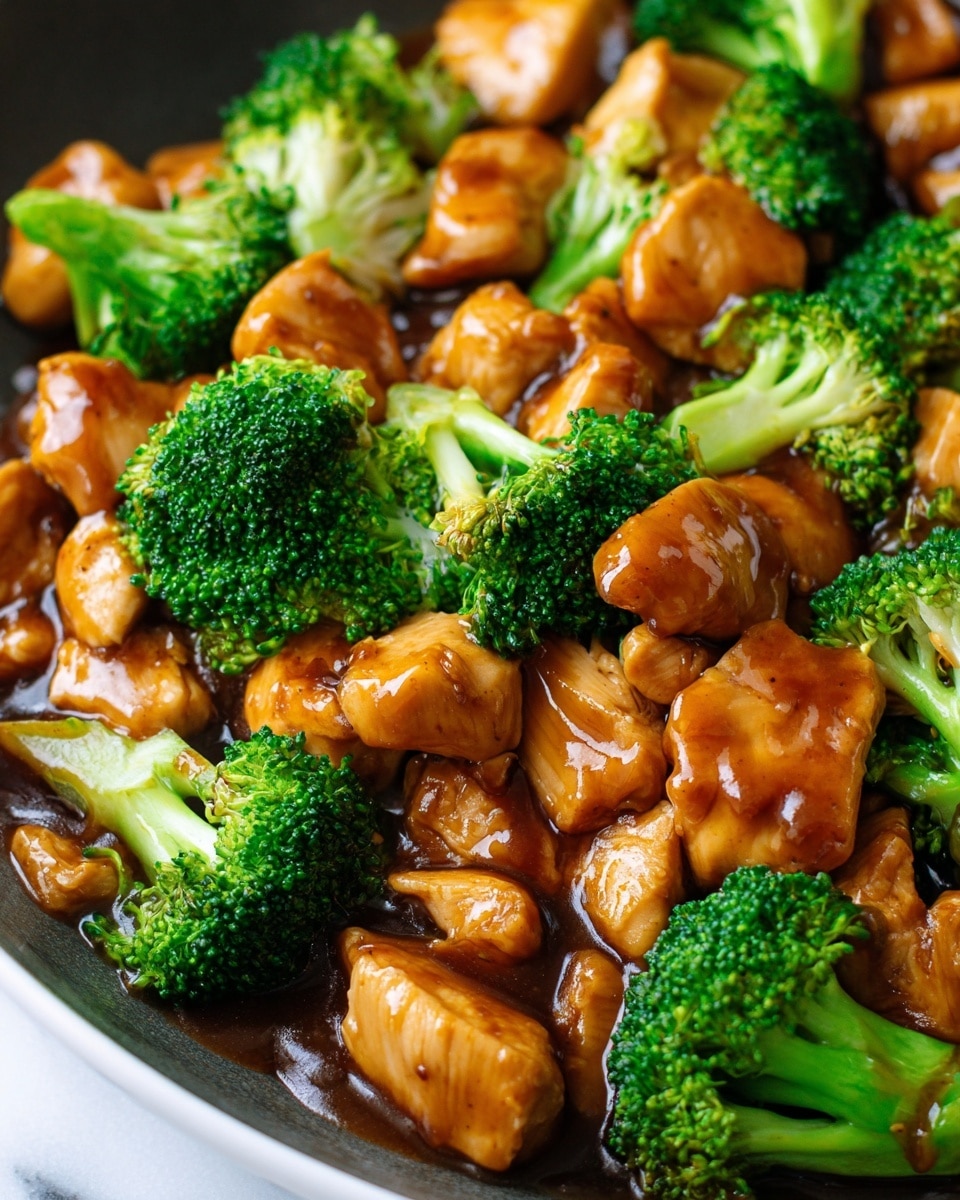 The image shows a close-up of a dish with tender pieces of golden-brown chicken coated in a glossy, thick brown sauce, mixed evenly with bright green broccoli florets that have a fresh and slightly crisp texture. The chicken pieces vary in size and are scattered throughout, sitting amidst the vibrant broccoli, both covered partially by the rich sauce that pools slightly beneath. The background is a white marbled texture, making the colors of the food stand out clearly. Photo taken with an iphone --ar 4:5 --v 7