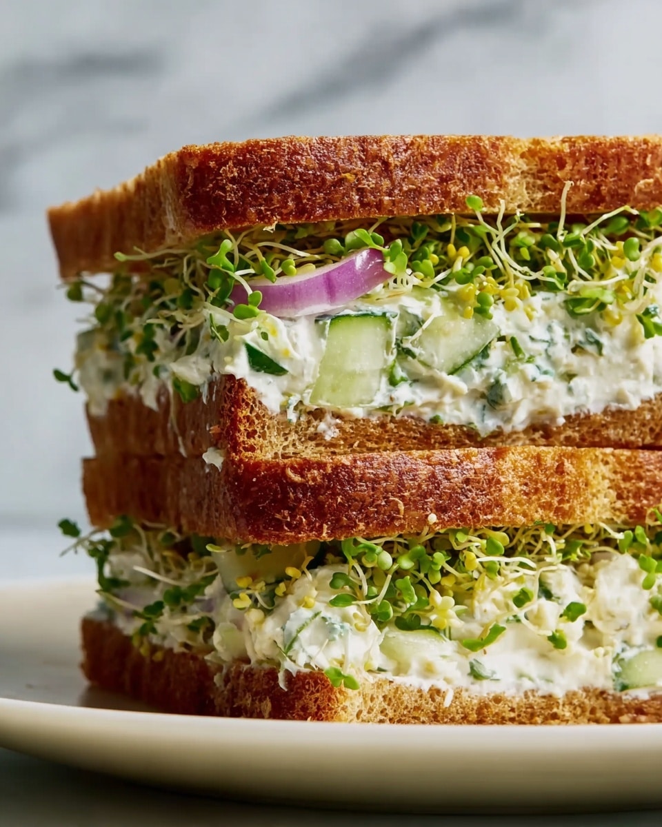 A close-up image of a sandwich with two layers of toasted brown bread, each slice showing a golden-brown, slightly crispy texture. Between the bread slices, there is a thick filling of creamy white spread with visible green cucumber slices and chopped herbs mixed in. Above the creamy mixture, thin bright green sprouts and a few slices of translucent purple onion are placed evenly, adding a fresh and crunchy look. The sandwich sits on a white plate with a white marbled texture background. photo taken with an iphone --ar 4:5 --v 7