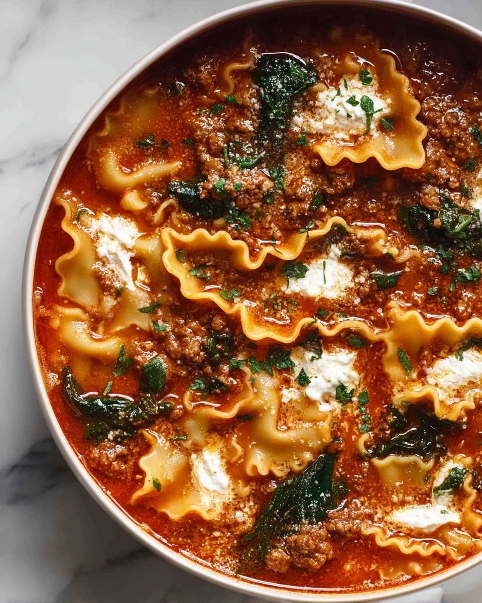 A close-up view of a bowl of lasagna soup showing multiple layers of wavy-edge pasta sheets mixed into a rich red tomato broth. The soup is filled with bits of ground meat and wilted dark green spinach leaves scattered throughout. Small patches of white ricotta cheese float on the surface, contrasting with the red sauce, and there are sprinkled green herbs on top for color. The bowl is white and set against a white marbled surface. photo taken with an iphone --ar 4:5 --v 7