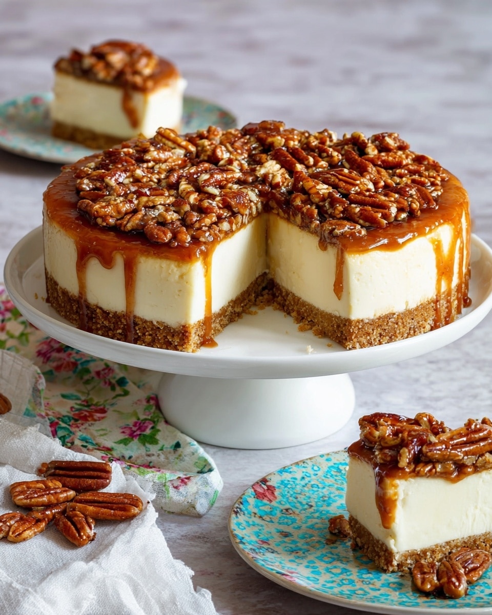This image shows a cheesecake on a white cake stand with three distinct layers. The bottom layer is a thick, crumbly golden brown crust. The middle layer is a creamy off-white cheesecake that looks smooth and dense. The top layer is a generous sticky caramel glaze covered with whole and chopped pecans that have a shiny, rich brown color. A slice has been cut out from the front, revealing the inside layers clearly. In the background, there is another smaller cheesecake on a white plate, and to the side, a white cloth with some pecans scattered on it is visible, all set on a white marbled texture. Photo taken with an iphone --ar 4:5 --v 7