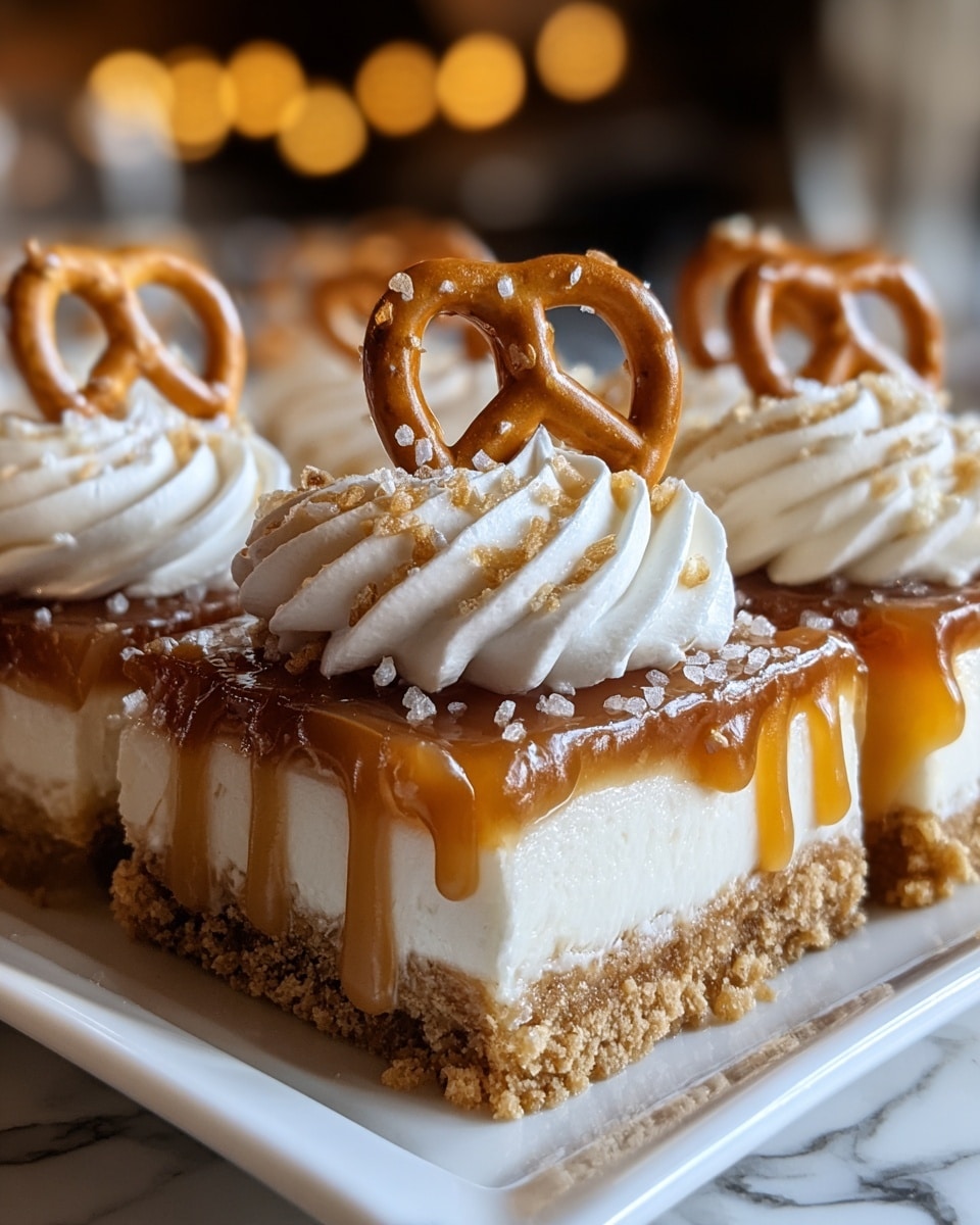This image shows a close-up of a dessert bar with four visible layers on a white rectangular plate. The bottom layer is a light brown crumbly crust. Above it, there is a thick layer of creamy white filling. The third layer is a glossy caramel sauce that drips down the sides. On top, there are swirls of white whipped cream, each topped with a golden brown pretzel sprinkled with coarse salt. The background is softly blurred with warm lights, and the surface beneath the plate has a white marbled texture. photo taken with an iphone --ar 4:5 --v 7
