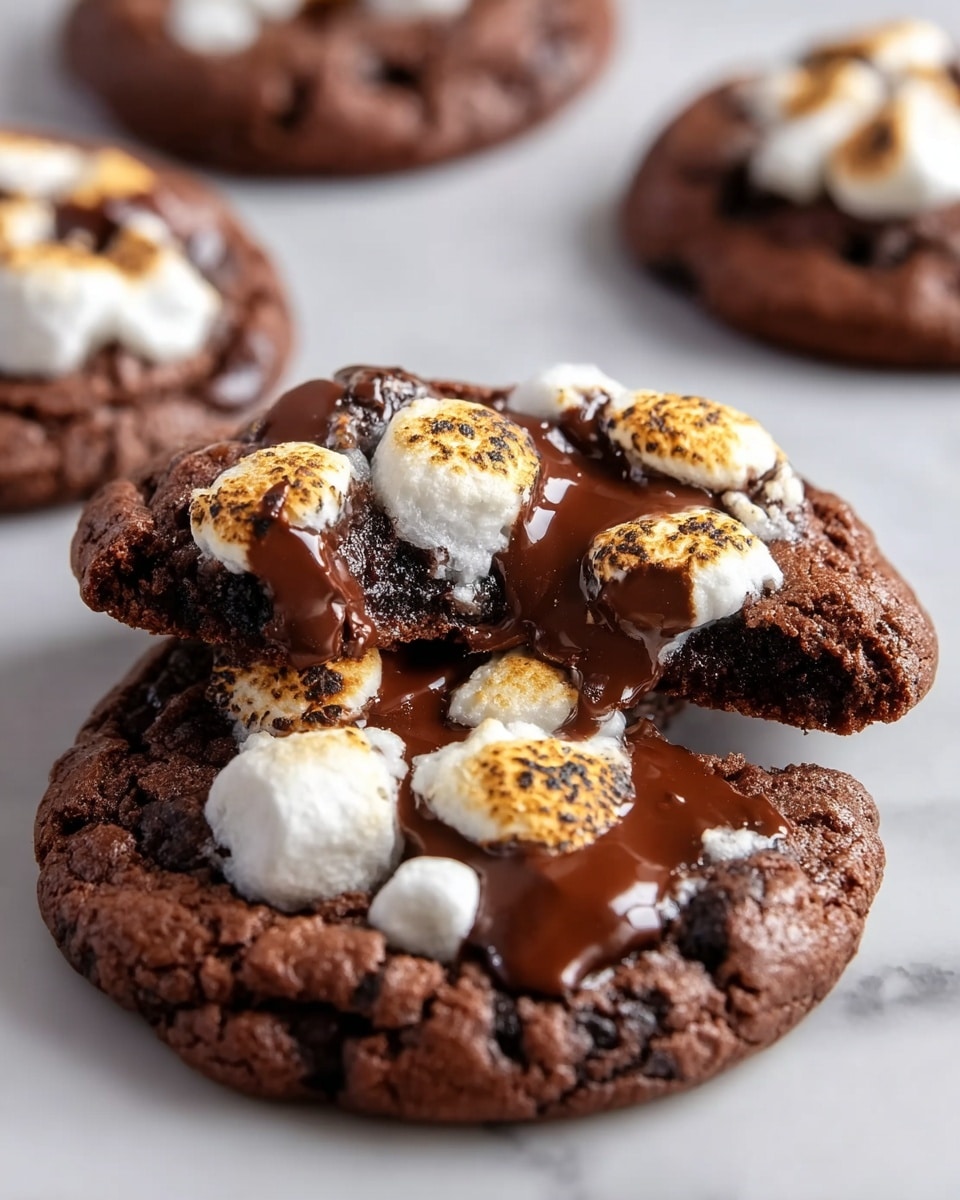 A close-up view of a soft, thick chocolate cookie broken in half, showing a rich dark brown base with a slightly cracked texture. On top, there are generous dollops of melted glossy dark chocolate and patches of toasted marshmallows with golden-brown char marks. In the background, more similar cookies can be seen slightly out of focus, all placed on a white marbled texture. photo taken with an iphone --ar 4:5 --v 7