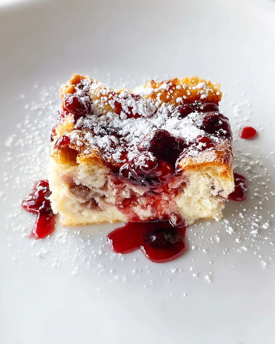 A single square piece of bread pudding with a crispy golden brown top layer mixed with light brown and beige soft bread inside, topped unevenly with glossy dark red berry sauce that drips slightly around it, and dusted with white powdered sugar. The dessert sits alone in the center of a white plate with a plain white marbled background. photo taken with an iphone --ar 4:5 --v 7