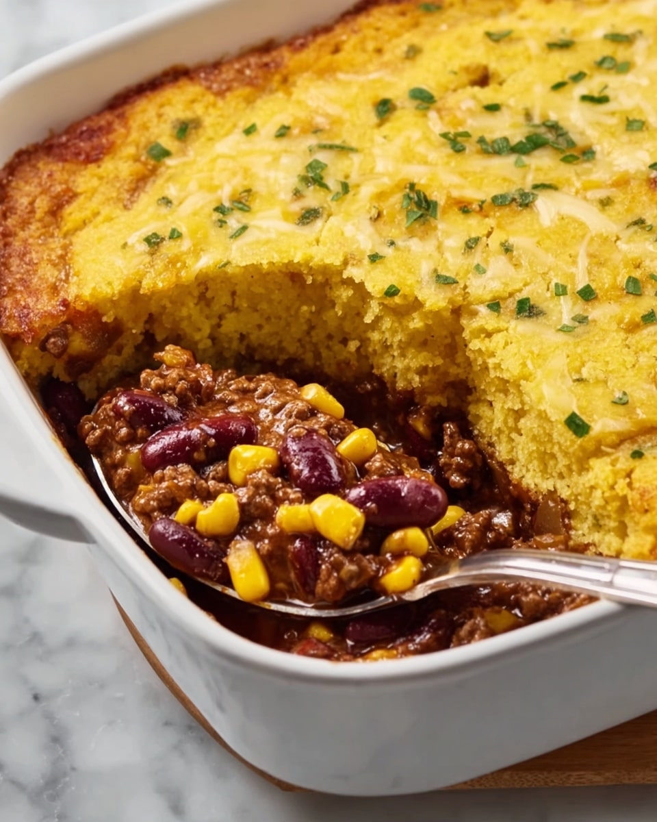 A close-up of a white square baking dish filled with a layered casserole showing two main layers; the top layer is a golden-yellow, slightly textured cornbread crust with melted cheese and small green herb pieces sprinkled over it, while the bottom layer is a rich, thick mixture of cooked ground beef, dark red kidney beans, and bright yellow corn kernels visible through the missing portion where a spoon has scooped out some food, revealing the juicy and chunky contents inside. The spoon handle is shiny silver and rests against the side of the dish. The dish is placed on a white marbled textured surface. Photo taken with an iphone --ar 4:5 --v 7