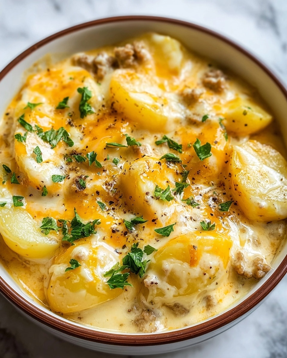 A bowl filled with a creamy dish showing three main layers. The bottom layer consists of soft, pale yellow potato chunks, cut into thick wedges. On top of that are small pieces of cooked, light brown ground meat scattered evenly. The top layer is a melted, smooth cheese sauce with a mix of creamy white and golden yellow shades, covering the potatoes and meat. Fresh green herb bits are sprinkled over the cheese, along with small specks of black pepper, adding texture and color contrast. The bowl is white with a brown rim, and the photo is set on a white marbled background. photo taken with an iphone --ar 4:5 --v 7